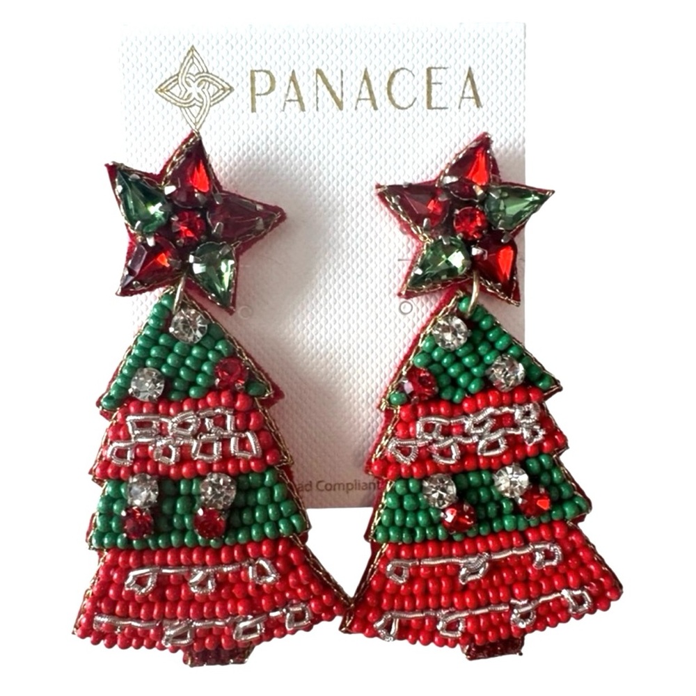Beaded Holiday Christmas Tree Earrings, NWT